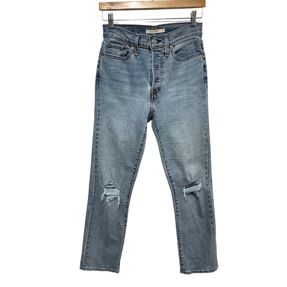Levi's Wedgie Straight Jeans Women 27 Blue Distressed High Rise Button Fly Denim